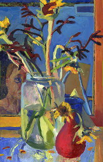 Self portrait oil painting -head and shoulders partally obscured by dying flower arrangement