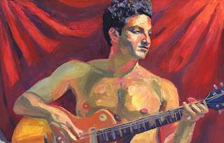 Oil painting portrait of shirtless male guitar player
