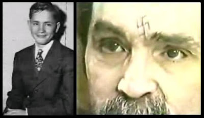Juxtaposed imagery of Charles Manson before he became a sociopath and aftermath