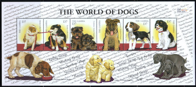 2000年ガンビア共和国　 ボーダー・コリー　ボーダー・コリー　ヨークシャー・テリア　 ジャーマン・シェパード　ビーグル　スパニエルの子犬の切手シート