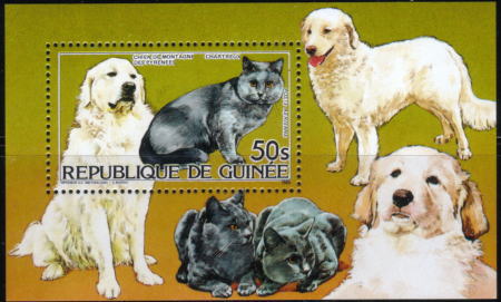 1985年ギニア共和国 グレート・ピレニーズと猫の切手シート