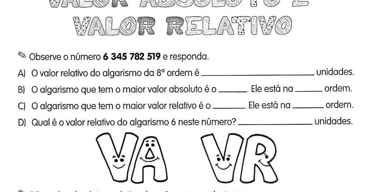 Exercícios Sobre Valor Relativo E Valor Absoluto Dos Algarismos Com