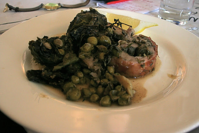 goat, a tender kid, with artichokes, broad beans and peas