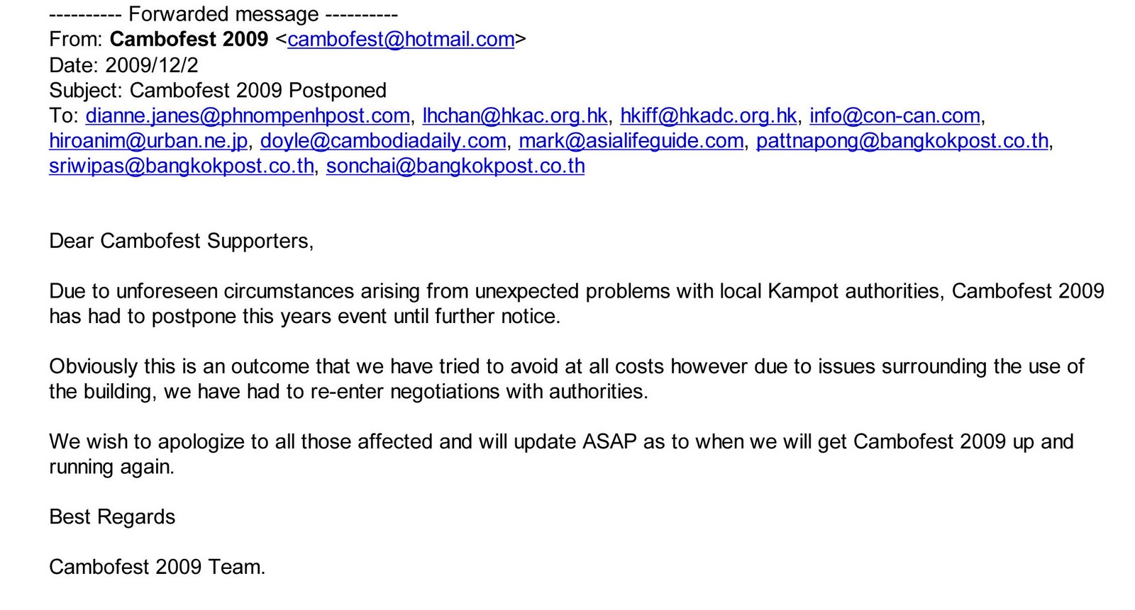Screenshot of the hoax email falsely announcing the cancellation of CamboFest, sent to the Cambodia Daily and other outlets