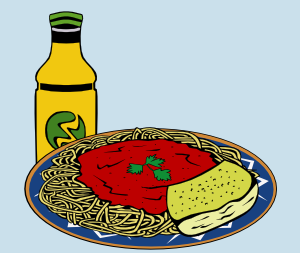 Clipart image of spaghetti meal with a drink and cheese