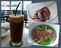 David's selection of Ramen with sliced beef, glass of mixed coffee+tea and ice-cream