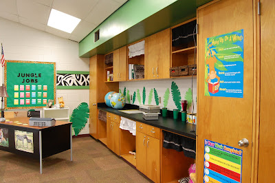 countertop in jungle theme classroom.