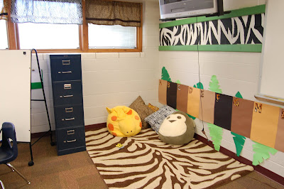 zebra rug, bean bags, jungle classroom decor.