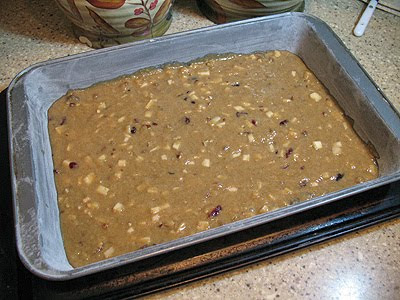 A photo of a pan of applesauce spice bar batter.