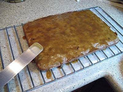 A photo of applesauce spice bars resting on a cooling rack.