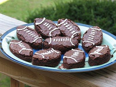 A photo of a plate of football brownies.