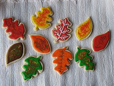 An overhead photo of an assortment of thanksgiving cookies.