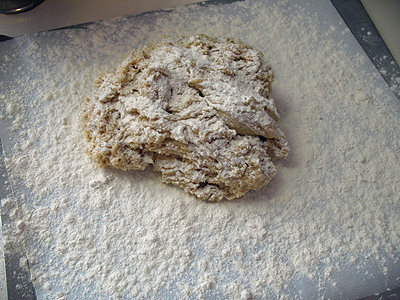 A photo of apple cider doughnut dough on a baking sheet covered in flour.