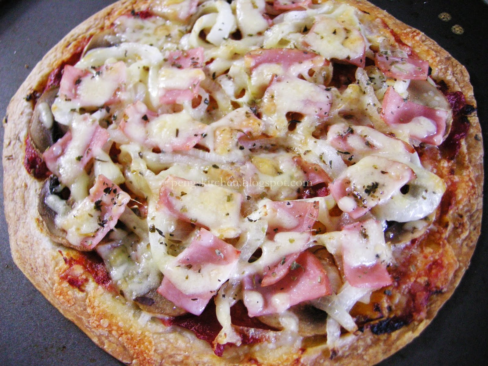 Peng's Kitchen Mushroom & Ham Tortilla Pizza