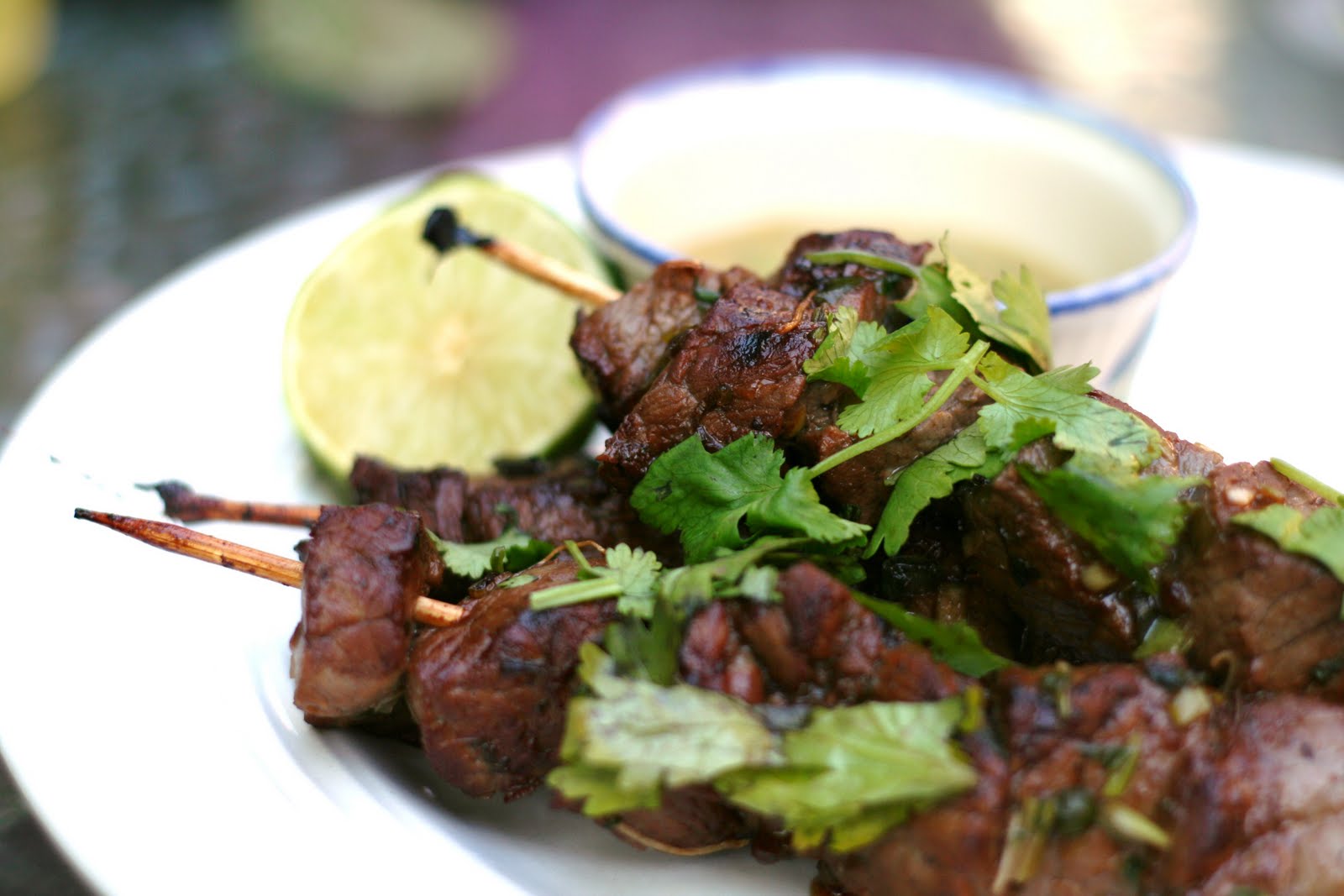 Antics of a cycling cook Beef satay skewers with peanut dipping sauce