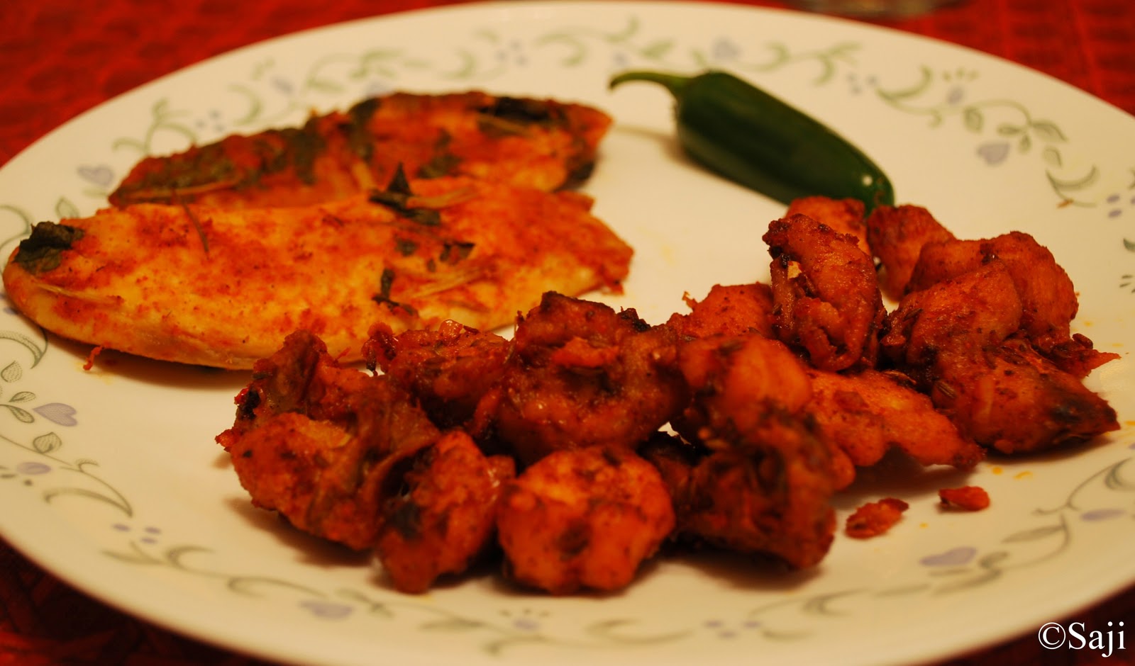 Saji Chicken 65 and Baked Fish