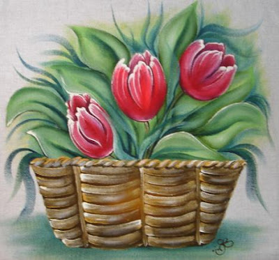 pintura em tecido cesta de tulipas