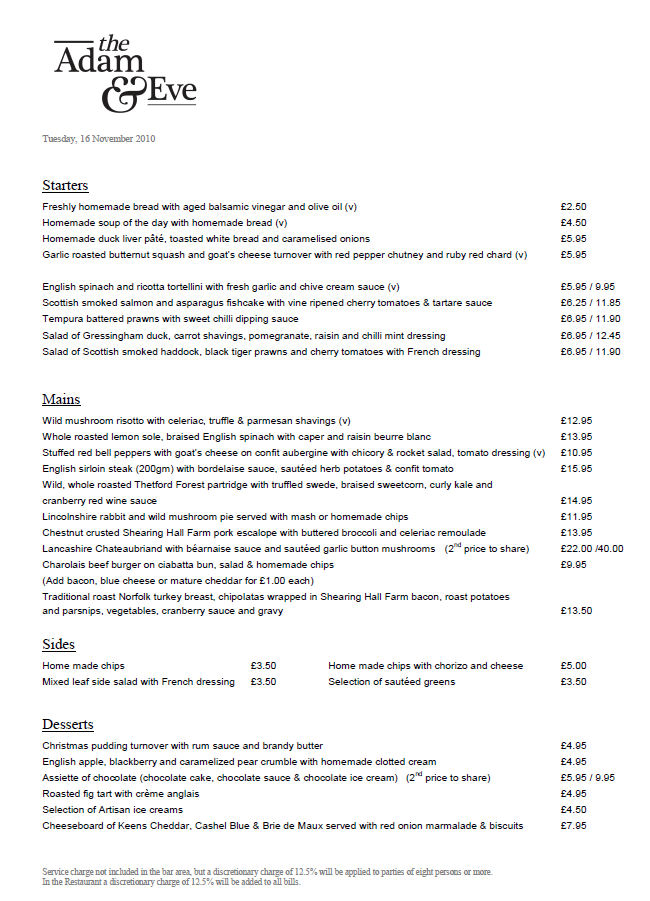The Adam and Eve Public House (Mill Hill) December's A la Carte Menu