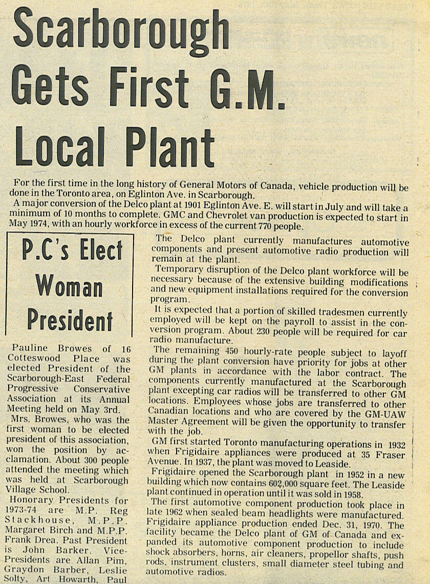 Scarborough Newspaper Articles 1960 1995 1973 GM van plant comes to Eglinton and Warden