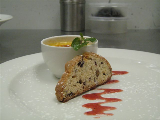 Rooibos Creme Brulee with Pistachio and Cranberry Biscotti