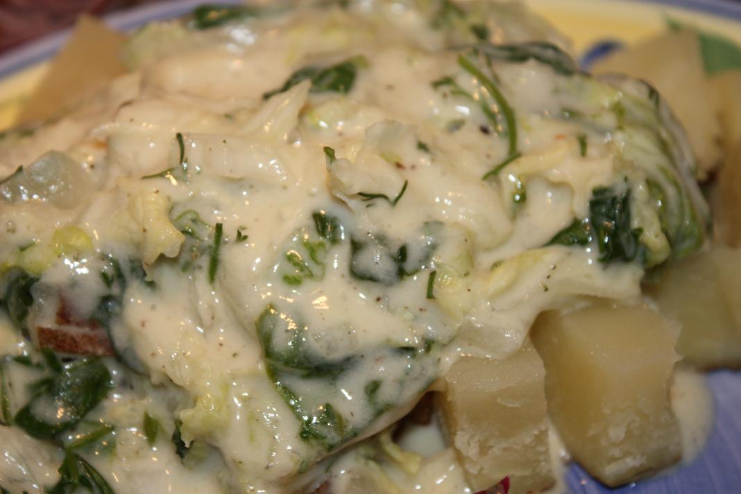 Vegan Epicurean Creamed Cabbage and Spinach in a Dijon White Sauce