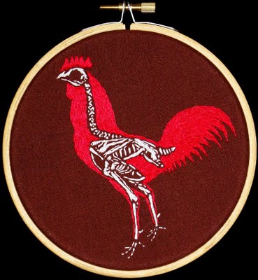 rooster skeleton embroidery