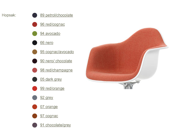 Hopsak upholstery colors for the shell armchair