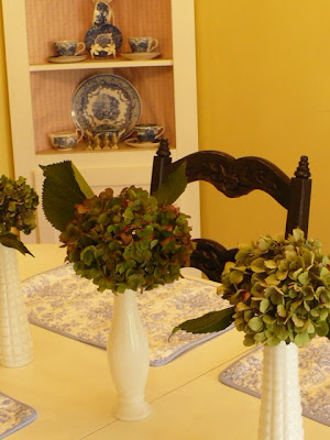 hydrangeas in milkglass